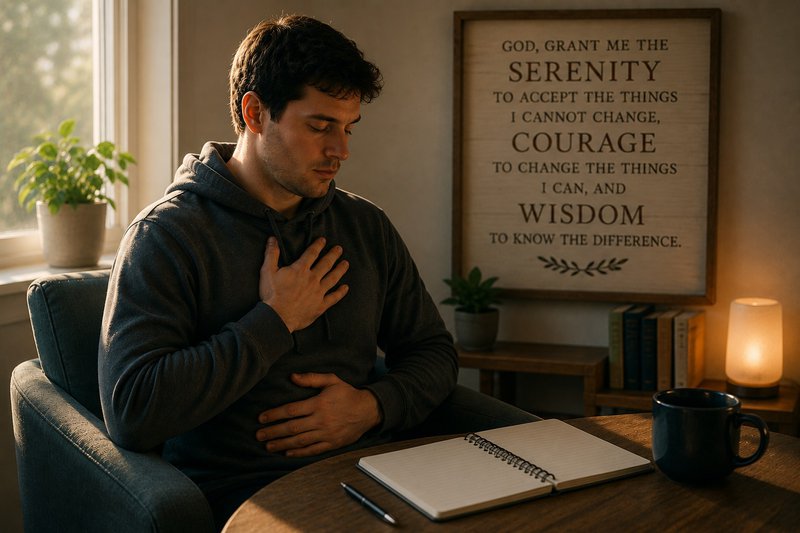 a man using his craving response playbook while sitting calmly being aware of how he feels. there is a sign for the serenity prayer in the background