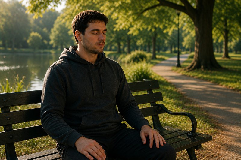 man using his craving response playbook actions by sitting on a park bench calmly listening to nature and being aware