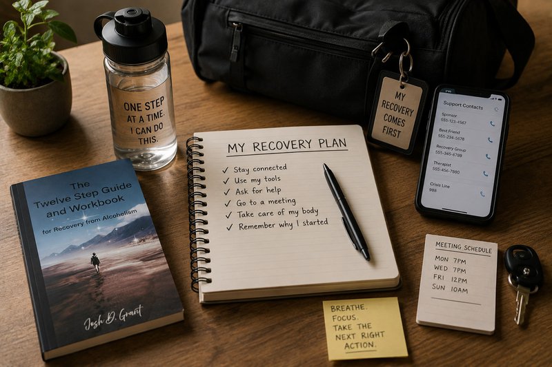 Craving Response Playbook: a workbook, a notebook, back pack, water bottle, and note pads