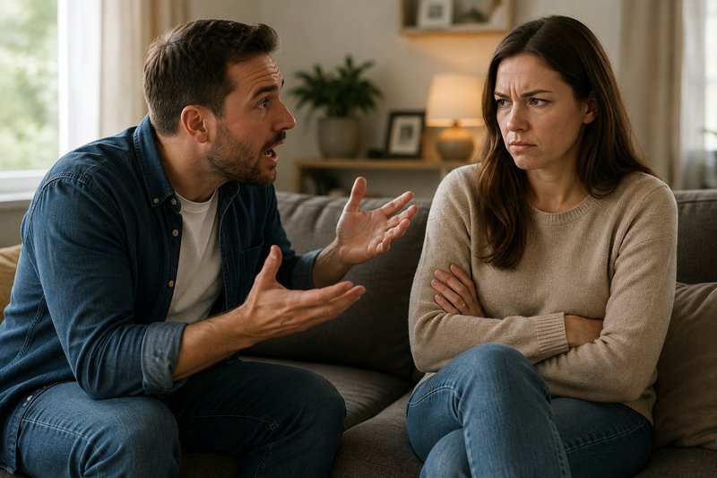 Emotional regulation: a woman clearly feeling upset with a frustrated man talking to her. both are sitting on a couch