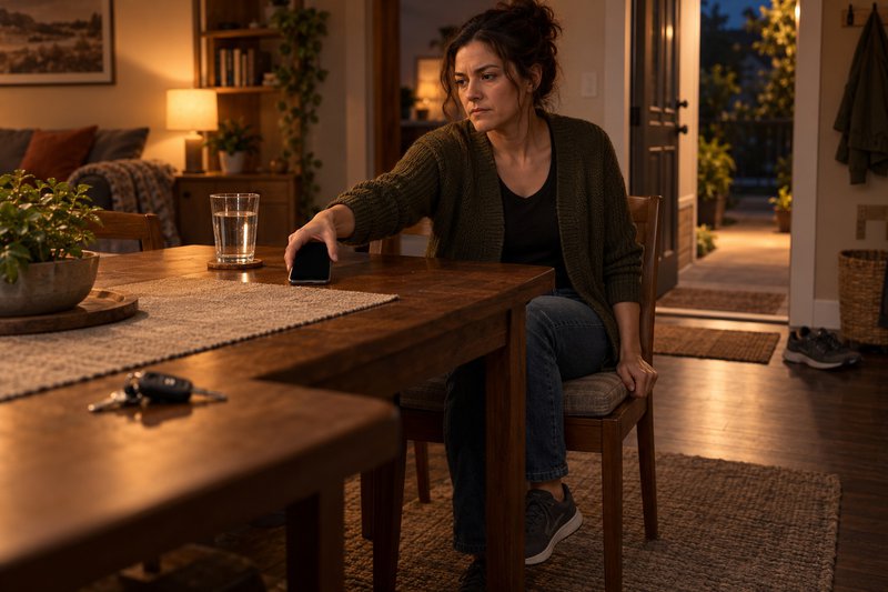 a woman sitting at a table reaching for her phone for her craving response playbook