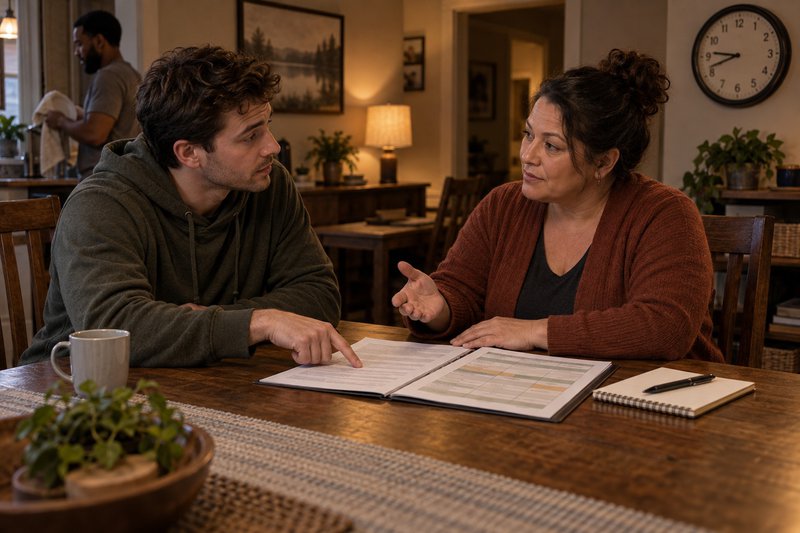 a man and woman in conversation sitting at a table and looking over a list
