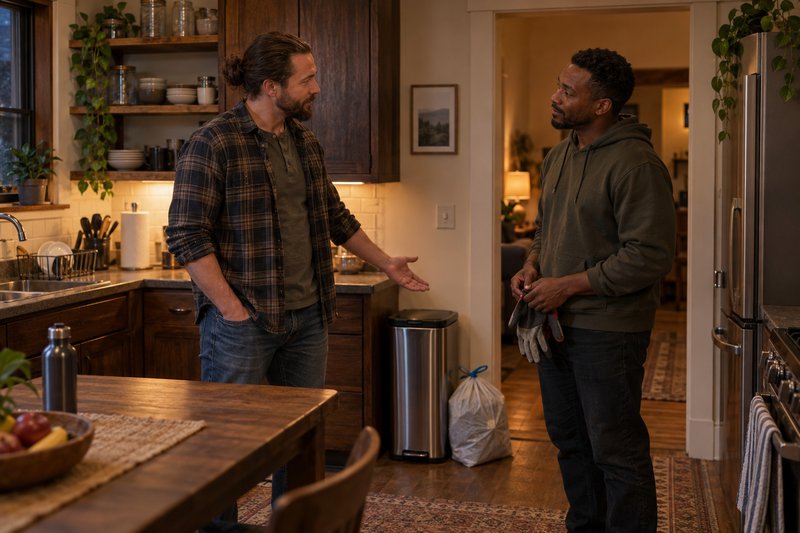 two guys engaged in conversation in the kitchen