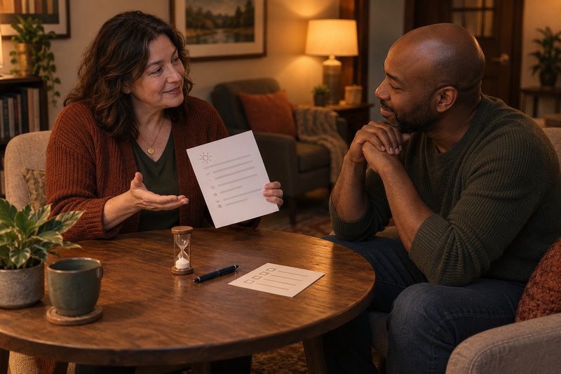a woman explaining personal inventory to a man