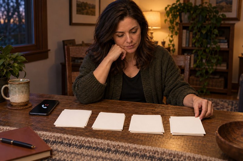 a woman sitting at a table looking at some pages of paper