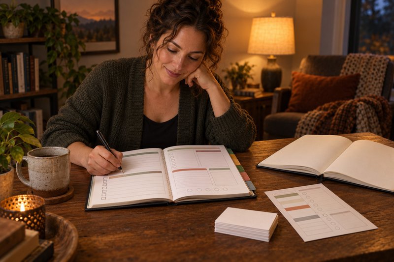 a woman writing in a workbook to develop personal inventory skills twelve steps