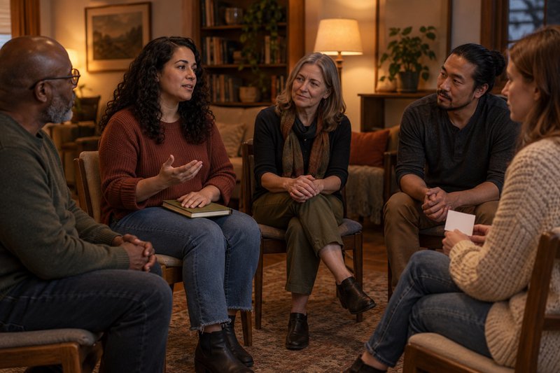 a woman speaking to a small group for personal inventory skills