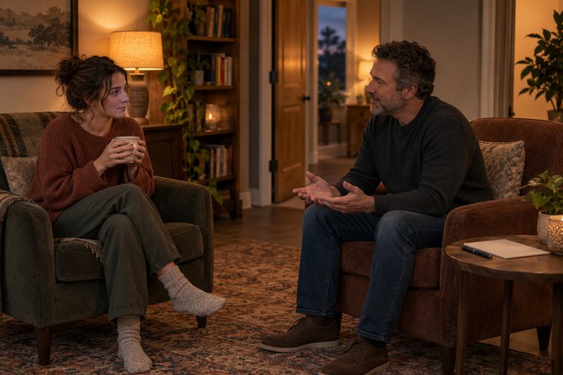 a woman holding a cup of coffee talking with a man, both sitting on comfortable chairs