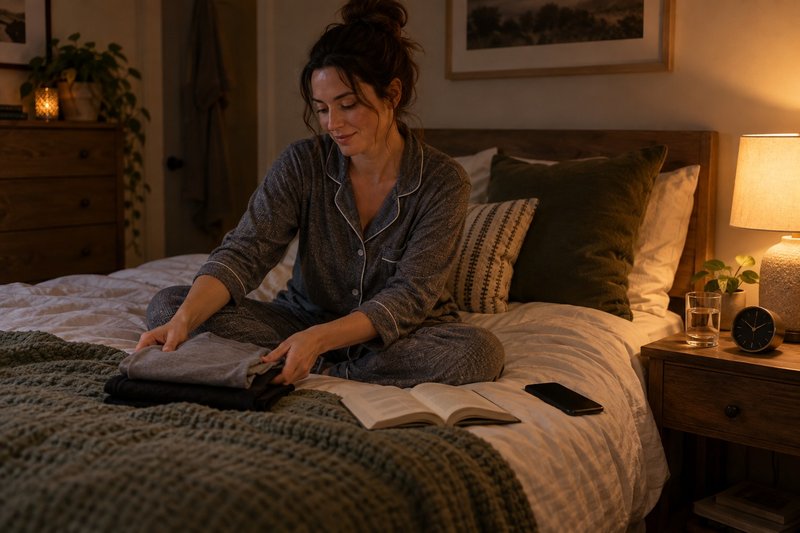 a woman sitting cross legged on her bed ready to go to sleep