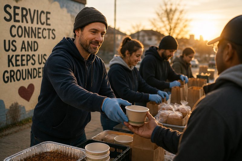 A guy handing out food with several others doing same