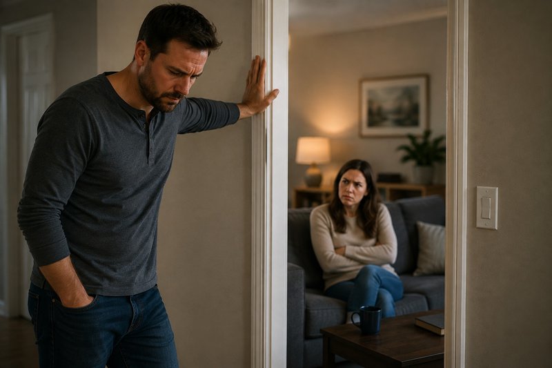 Emotional Regulation: a man regulating emotions by taking a moment to collect thoughts instead of  avoiding conversation with women visibly upset in the next room