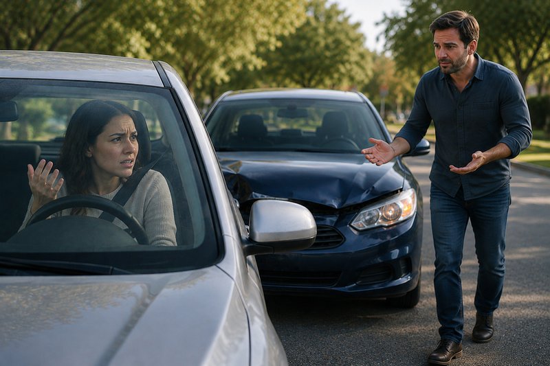 Emotional regulation: a man approaching the driver of another car looking aplogetic with the lady in the other car visibly frustrated about being hit from behind
