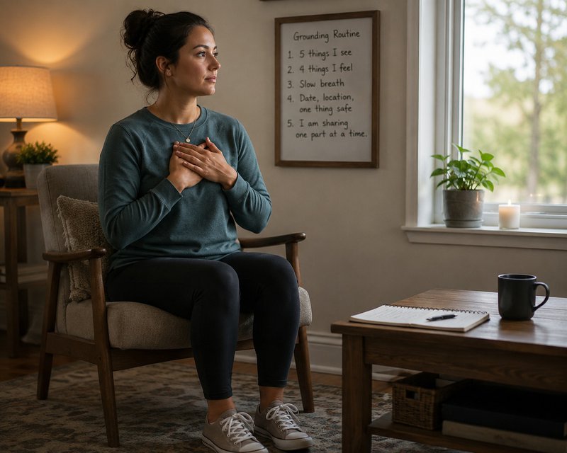Emotional regulation: a lady sitting in a chair performing a grounding exercise with her hands on her chest and sitting calmly