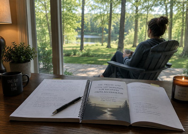 emotional regulation: a lady sitting in a chair outside with a cup of coffee with her workbook on the table inside partially completed