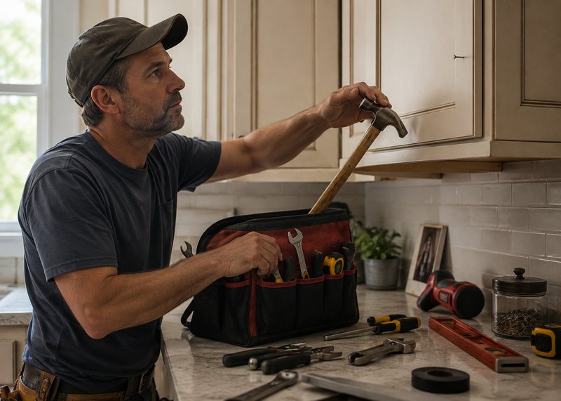emotional regulation: a handyman using a hammer to remove a nail from a cabinet with some unrelated tools on the counter