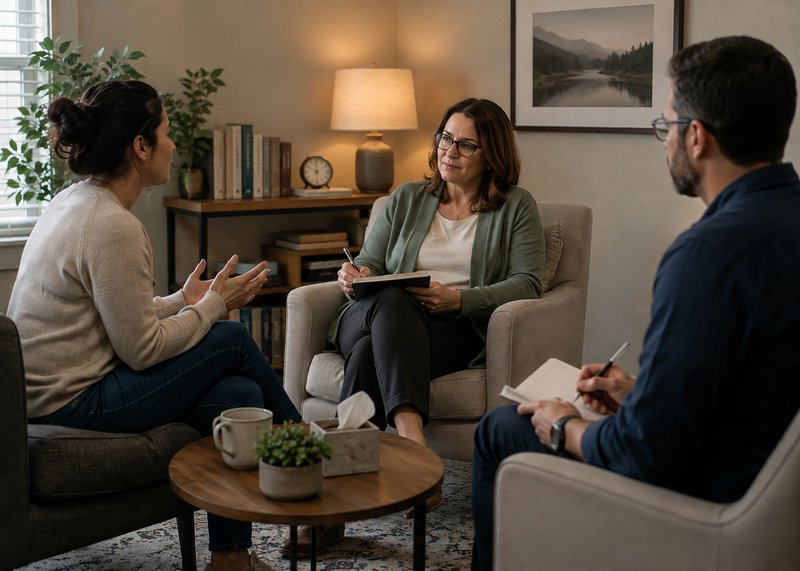 emotional regulation: a man and woman sitting in a therapst's office 