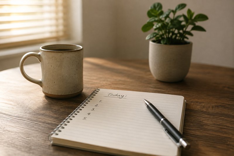 cup of coffee sitting on a table next to a pad of paper and a plant