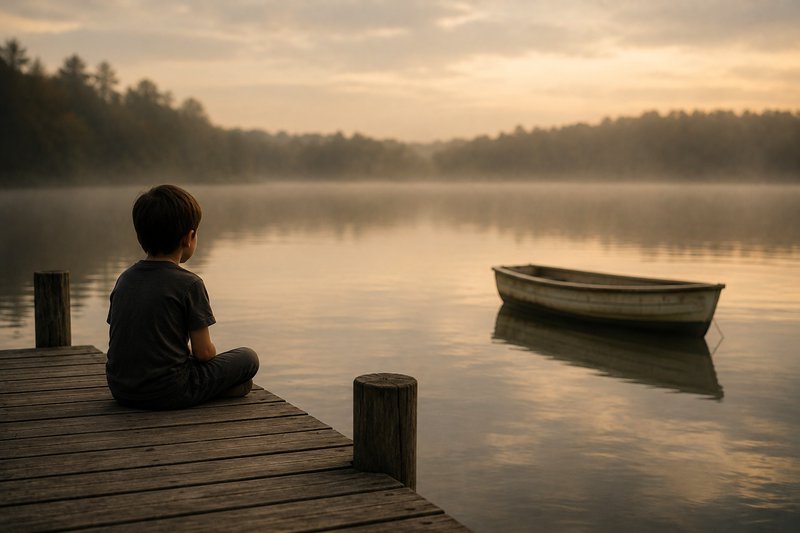 a child looking out at a boat drifting away from pier