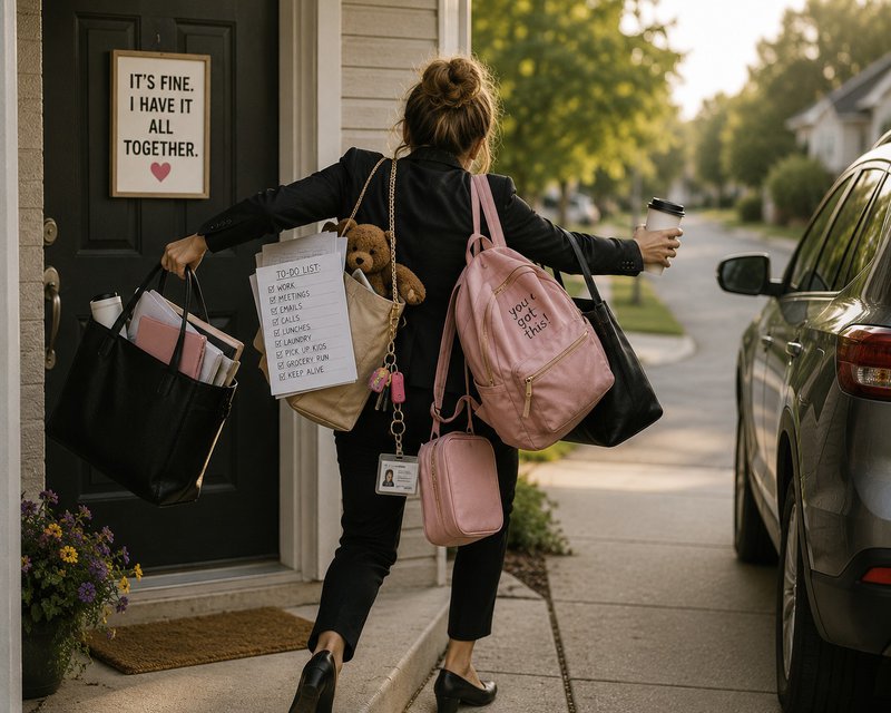 lady with her arms full of things trying to maintain emotional sobriety going to work with sign on door saying it's fine. i have it all together with a heart emoji under it