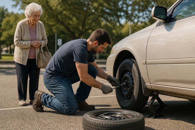 guy changing a tire for a little old lady