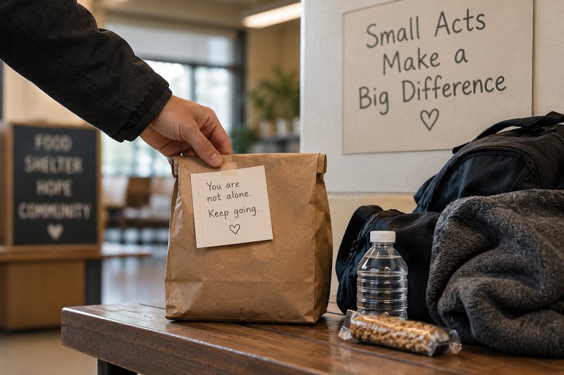 a small bag of food with an encouraging sign about not being alone. sign on wall says small acts make a big difference