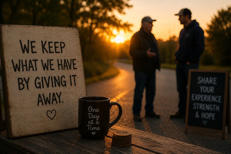 sign says we keep what we have by giving it away. two guys talking in the background with a nice sunset in the background