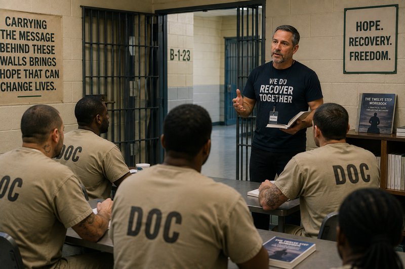 guy leading recovery discussion in correctional facility with several guys in attendance