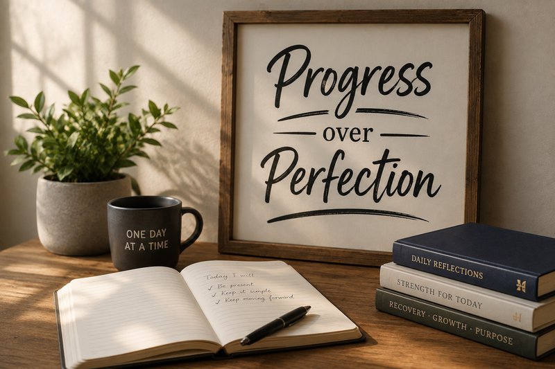 Progress over perfection sign with a stack of books, a coffee mug, and a plant