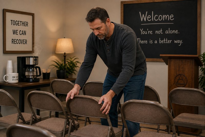 A guy setting up chairs for a recovery meeting