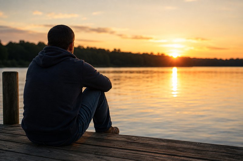 a guy staying sober sitting on a dock looking out over water at sunrise