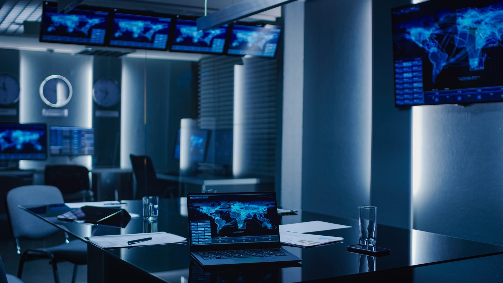 Empty emergency operations center with wall displays where teams develop courses of action for an emergency operations plan
