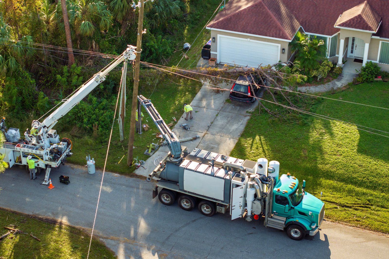 Utility line crews restoring downed power lines after a hurricane through regional resource sharing