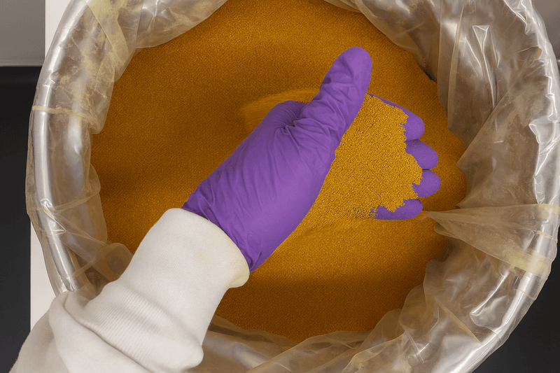 Gloved hand holding DEXSORB® plant-based adsorbent granules used inside Purefast® whole-home PFAS filters