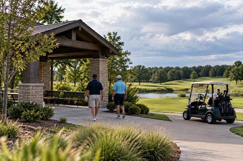 Golf course safety shelter accessible from a remote fairway and cart path