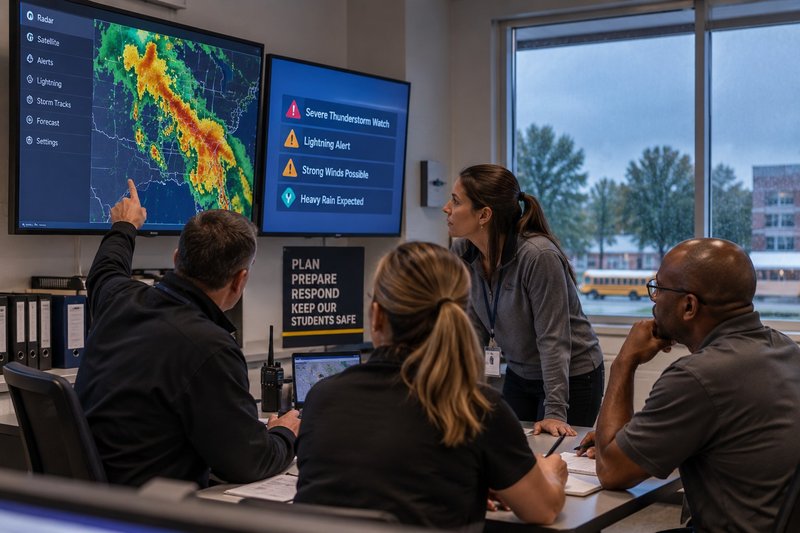 School staff reviewing a severe weather preparedness plan and campus procedures