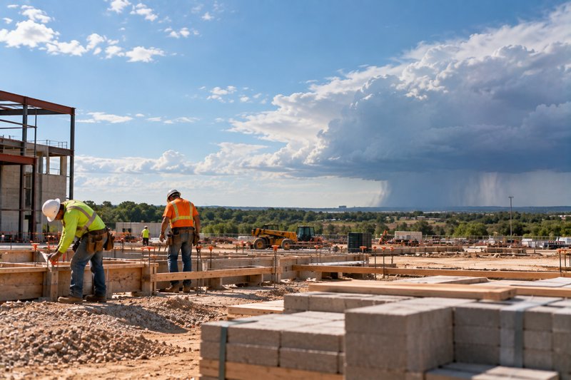 construction workers distant thunderstorm