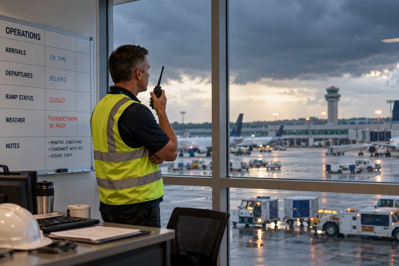 Airport operations supervisor monitoring weather conditions before ramp closure