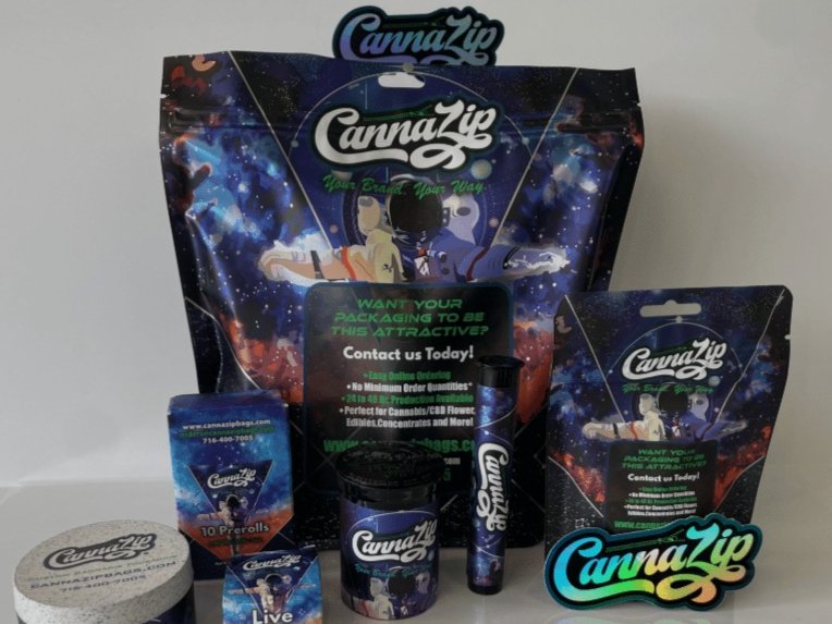 Packaging vendor consolidation example with matching CannaZip pouches, jar, pre-roll tube, box, tin, and holographic stickers