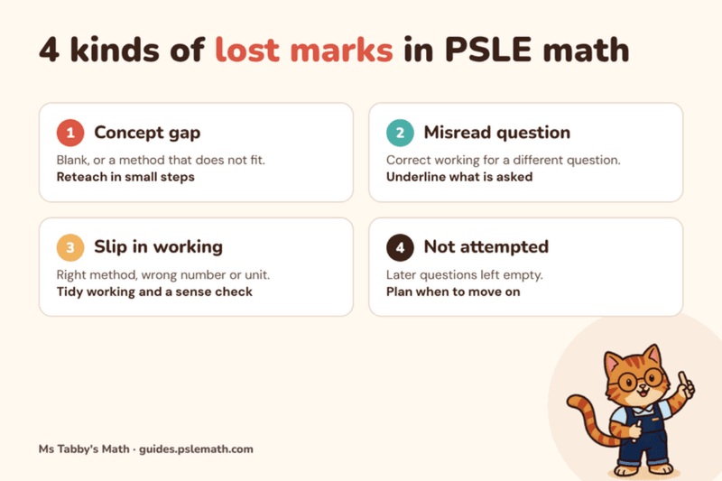 Four kinds of lost marks in PSLE math: concept gap, misread question, slip in working, not attempted