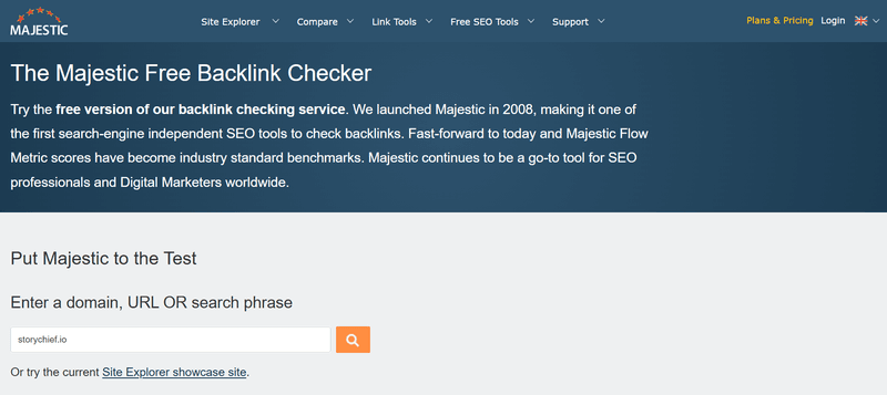 Majestic Free Backlink Checker, an SEO tool to check backlinks with a domain search field