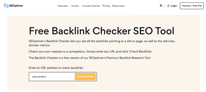 SEOptimer Free Backlink Checker, an SEO tool to check backlinks with a URL input field