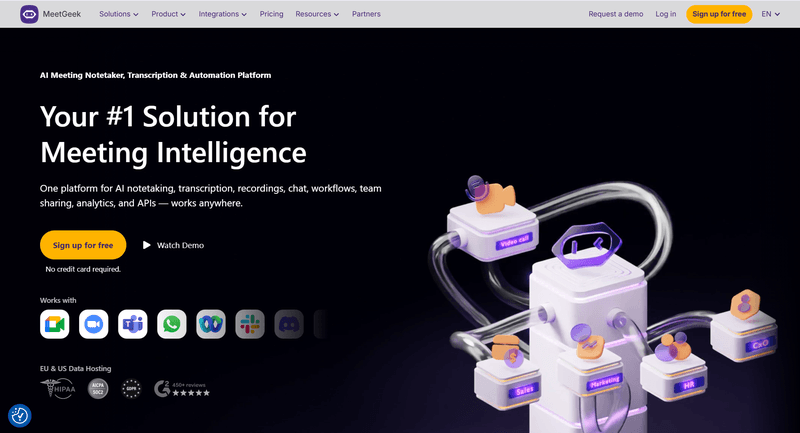 This image shows the home page of meetgeek tool