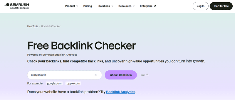 Semrush Free Backlink Checker with domain input field and daily check counter