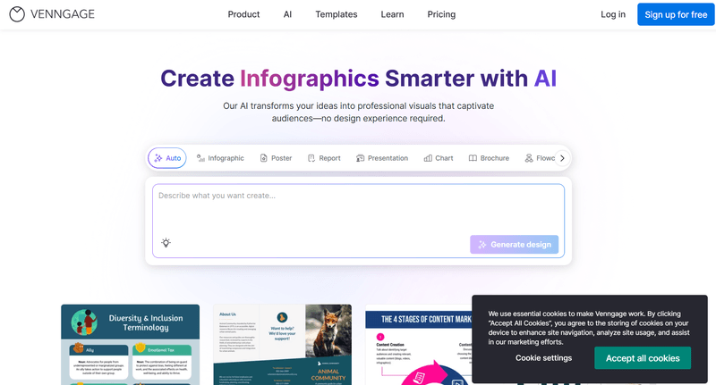 This image shows the home page of venngage tool