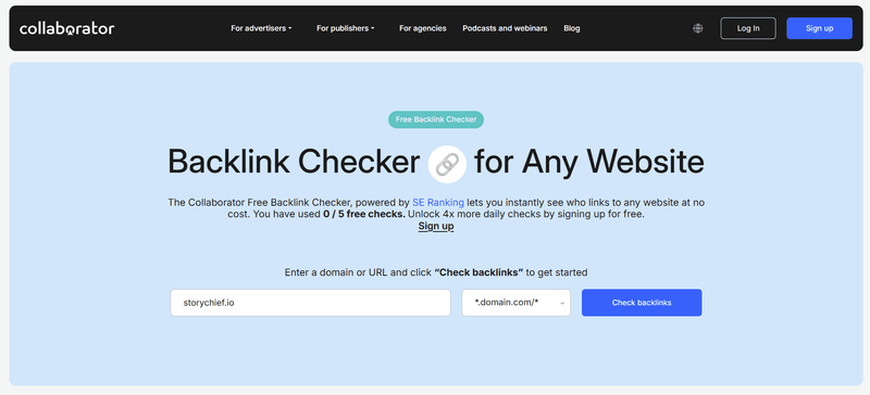 Collaborator Free Backlink Checker, an SEO tool to check backlinks with a daily check counter