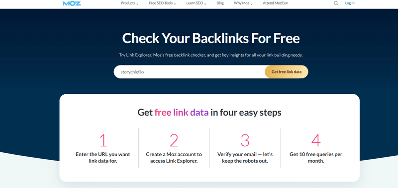 Moz Link Explorer free backlink checker with URL input and four-step guide