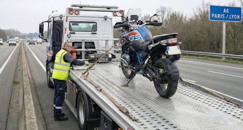 Une dépanneuse charge une moto sur l'autoroute A6 en France après une panne.