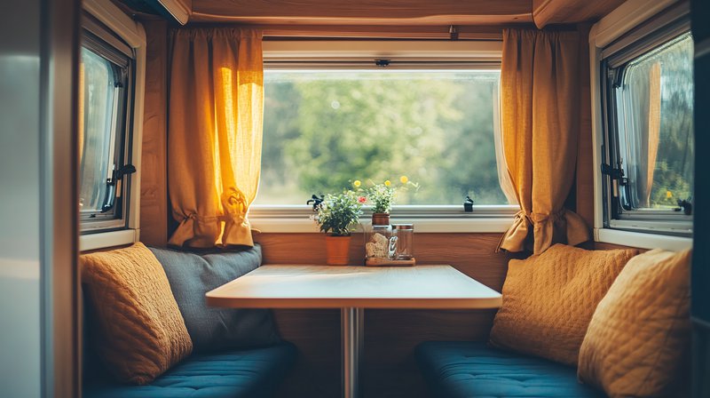 Interieur van de camper: tafel en zitbanken.