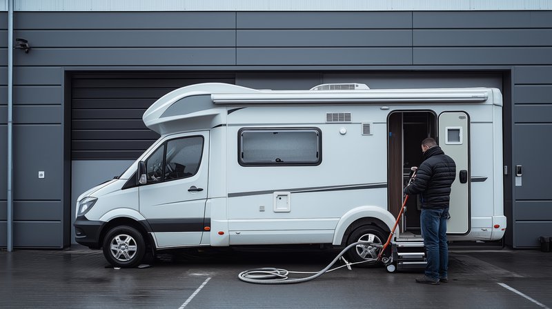 Camper: een man reinigt en repareert zijn voertuig.