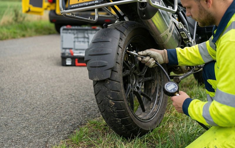 Un patrouilleur Touring vérifie la pression d'un pneu de moto à l'aide d'un manomètre digital.